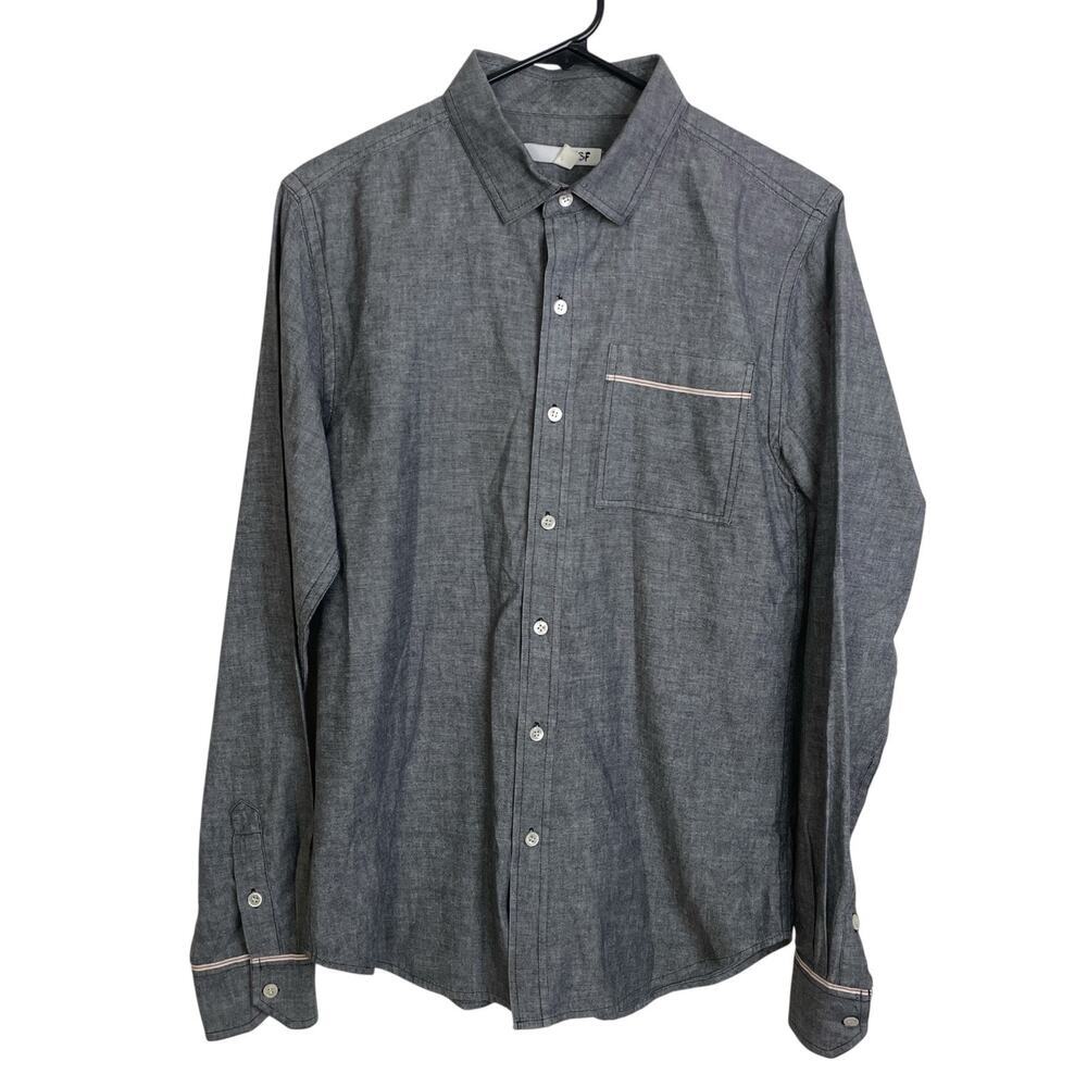 NSF Shirt Mens Small Gray Long Sleeve Button Up Red Stripe Cotton Collar Casual